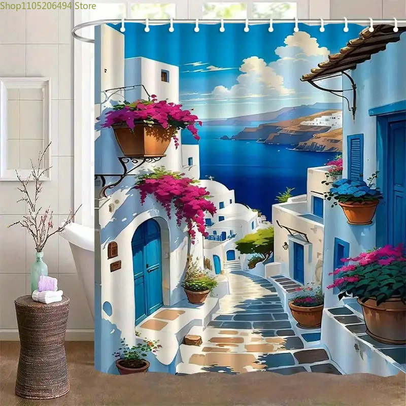 Home Decor Bathroom Ideas - Santorini Greek Island Shower Curtain Blue