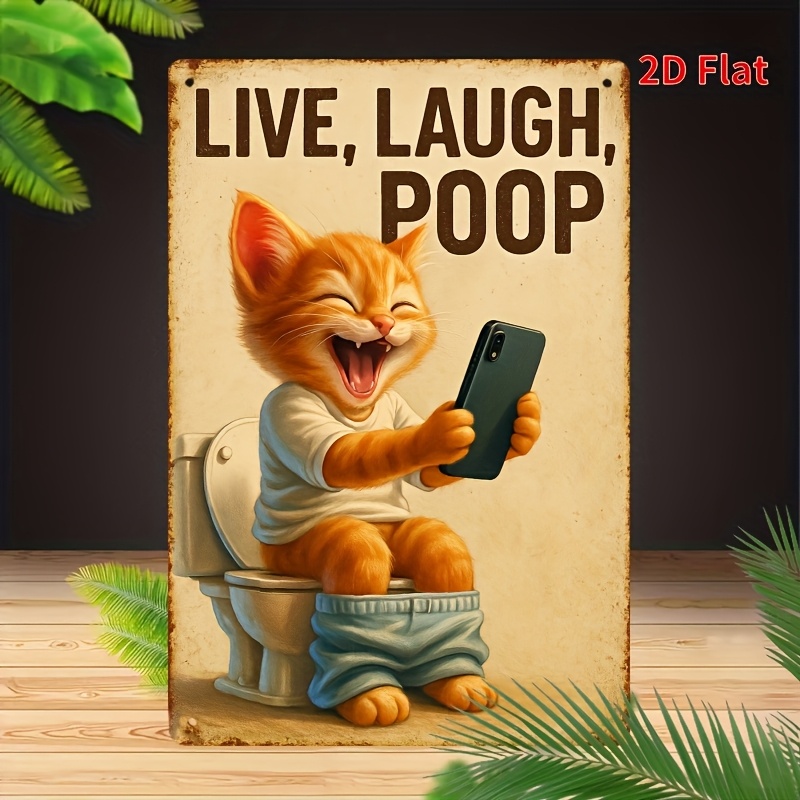 Funny Cat on Toilet Metal Wall - Home Bathroom Sign recension och pris