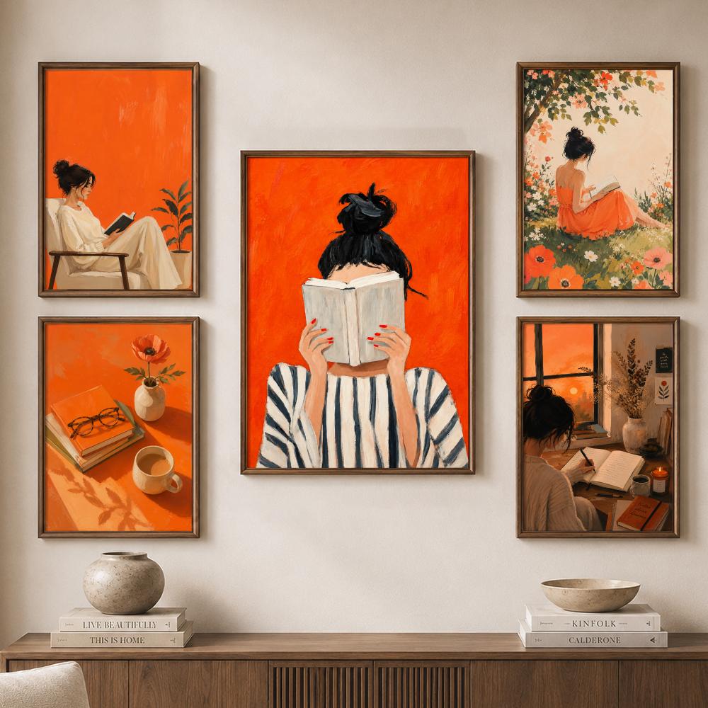 Orange Cozy Women Reading Coff - Home Bathroom Scene recension och pris