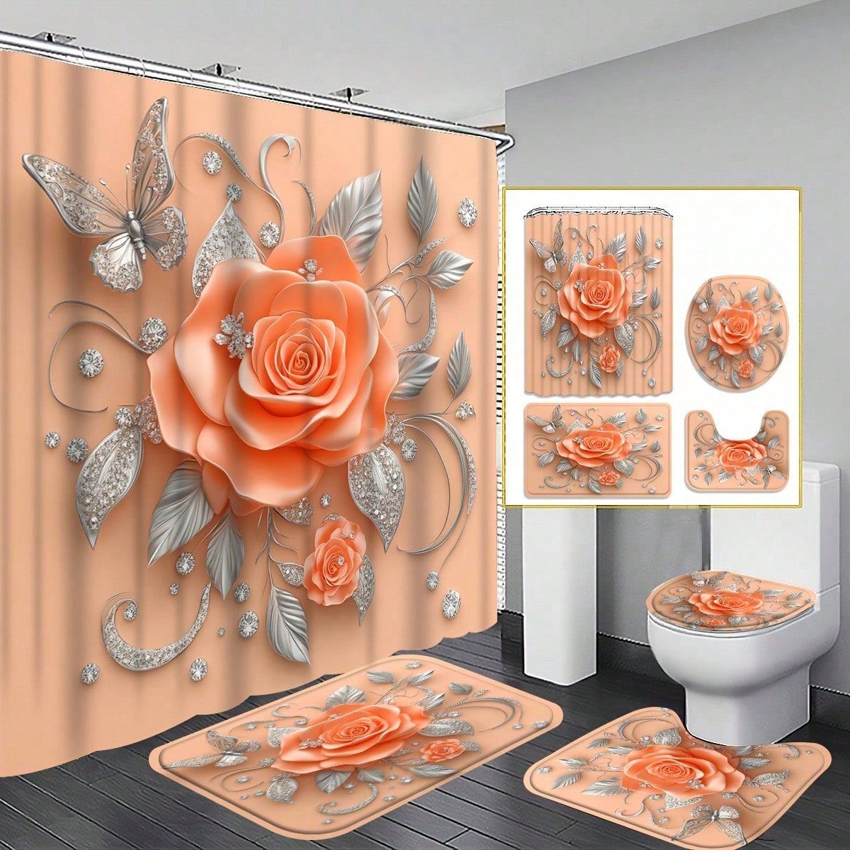 1/3/4pcs Peachy Roses Shower C - Home Center Bathroom Accessories recension och pris